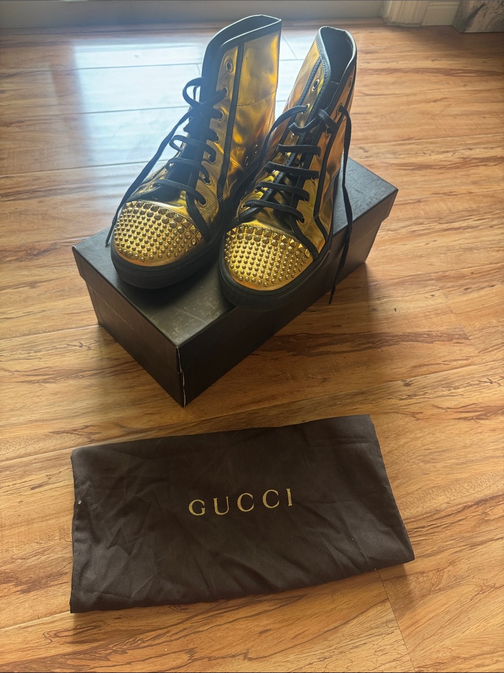 Gucci Metallic Gold Studded Lace-Up High-Top  Sneakers